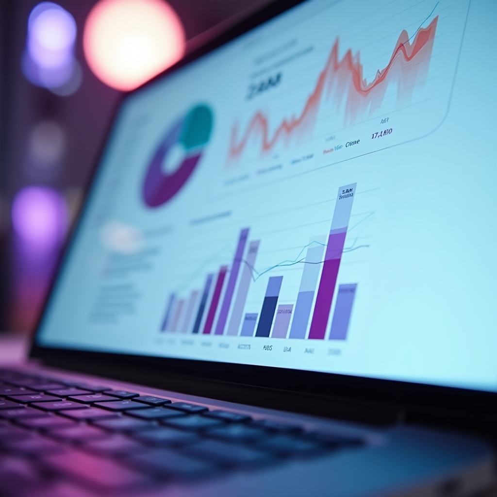 Ecran de laptop cu un dashboard colorat cu grafice și tabele