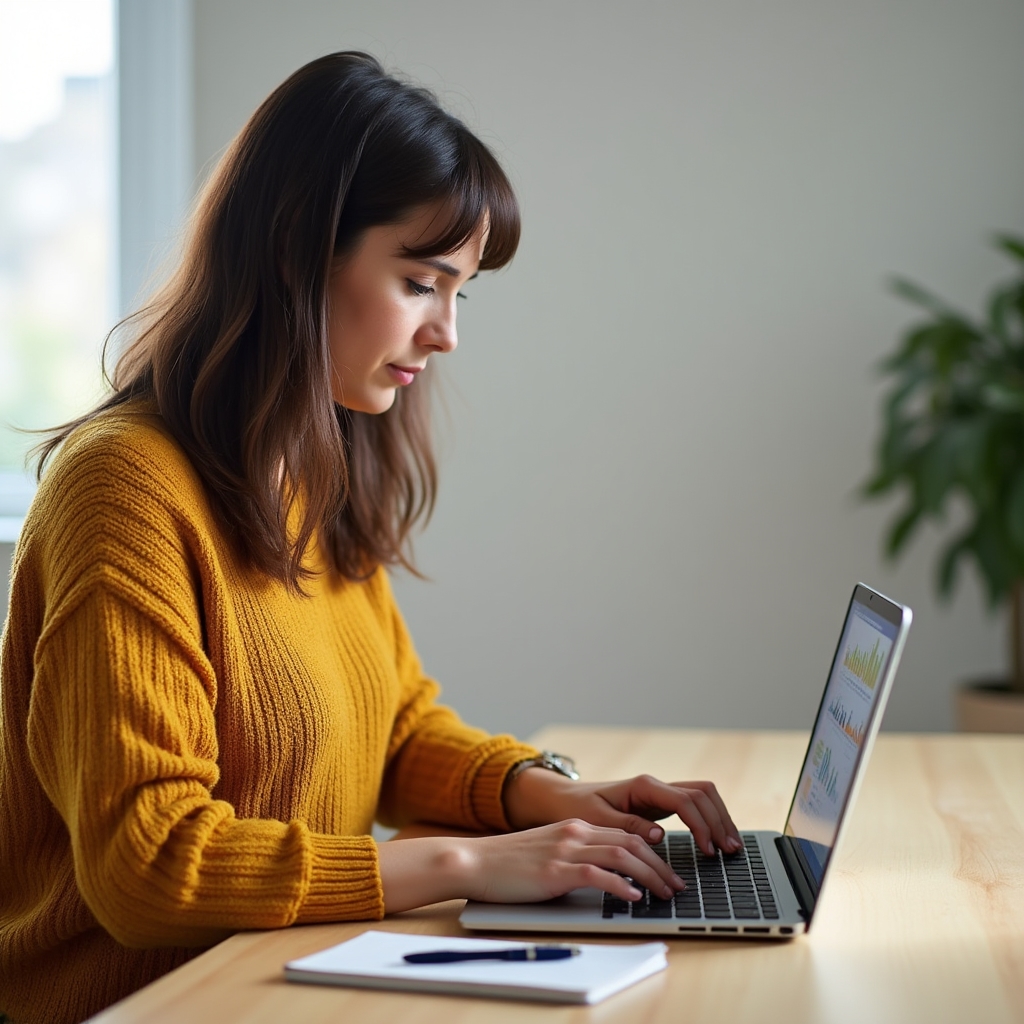 Antreprenor lucrează la un dashboard Excel pe laptop, într-un birou luminos