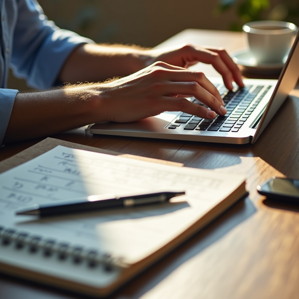 Mâini pe tastatura unui laptop lângă un caiet cu notițe de vânzări