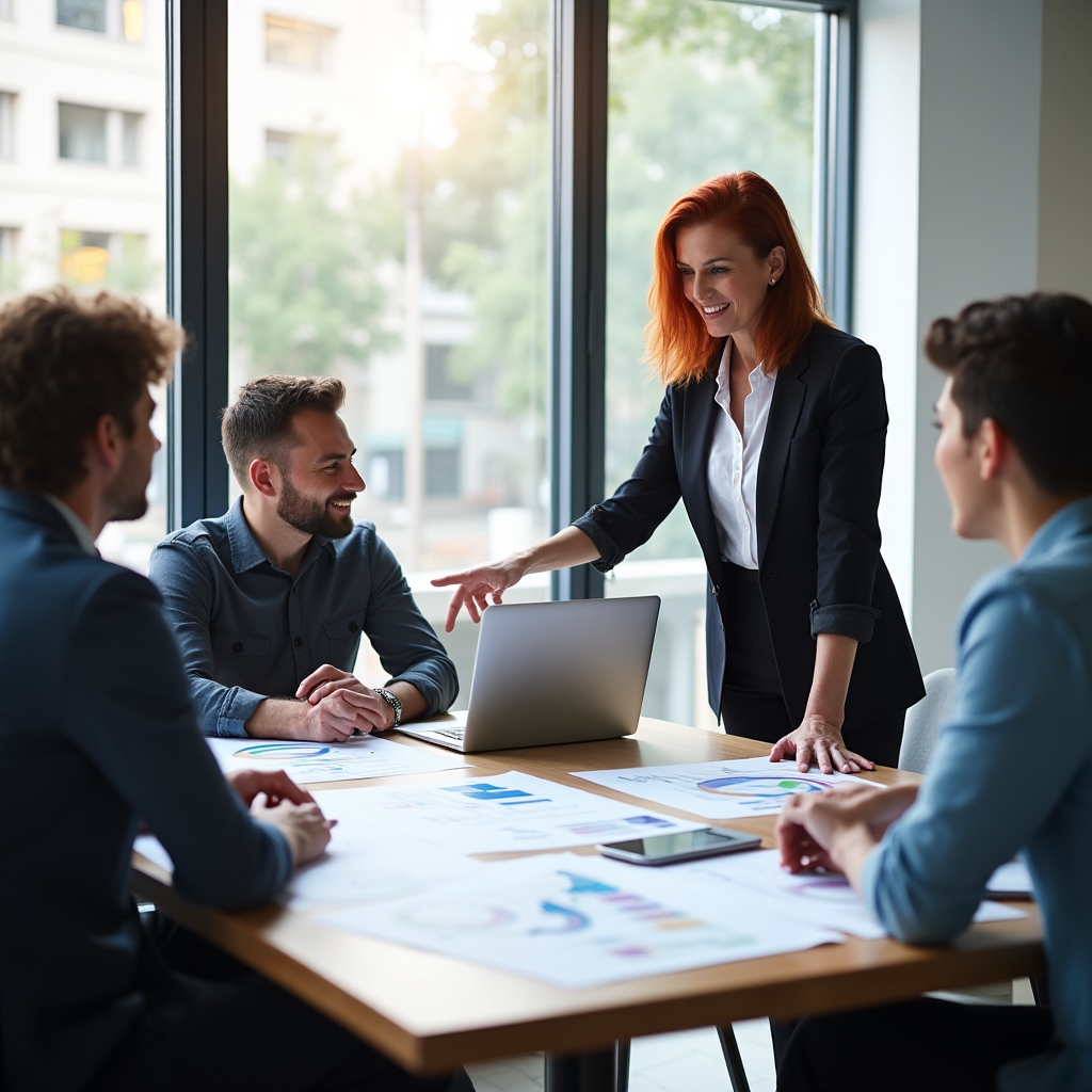 Facilitator conduce o sesiune de planificare cu o echipă în jurul unei mese de birou