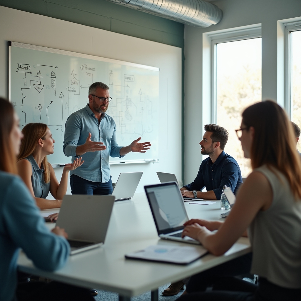 Grup mic la un workshop de facilitare, în jurul unei table cu diagrame